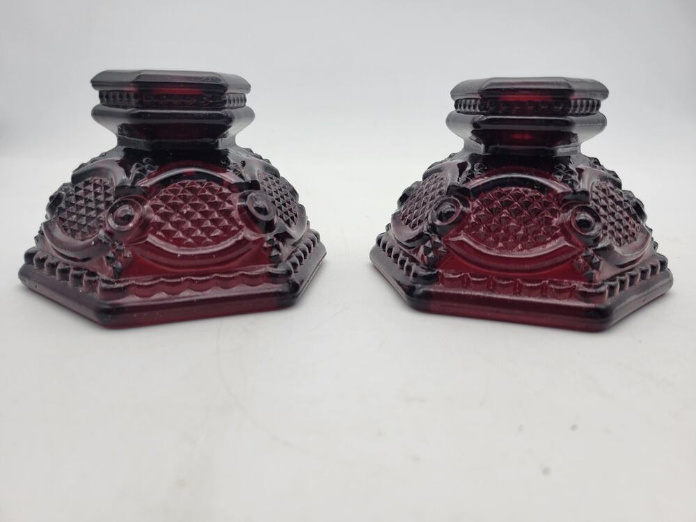Vintage Avon Candle Stick Pair of Holders Ruby Red Glass 1876 Cape Cod 2.5 x 3"